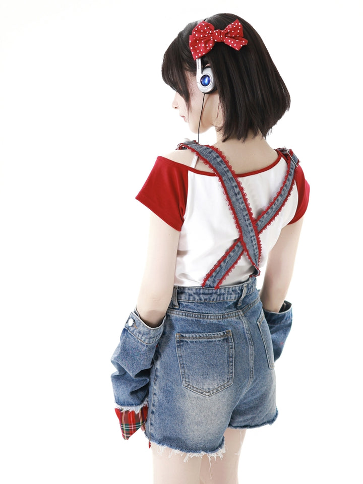 America Style Playful White T-Shirt / Denim Overalls / Red Leg Warmers