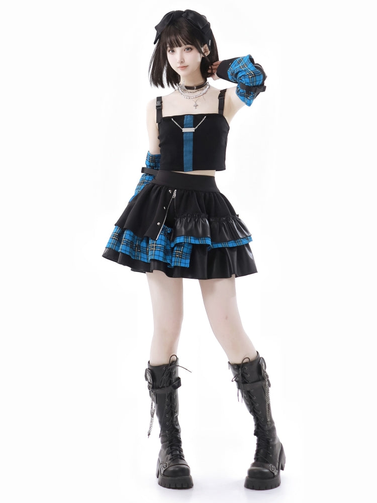 Bold Punk Blue Plaid Tank Top / Jacket / Skirt / Leg Warmer