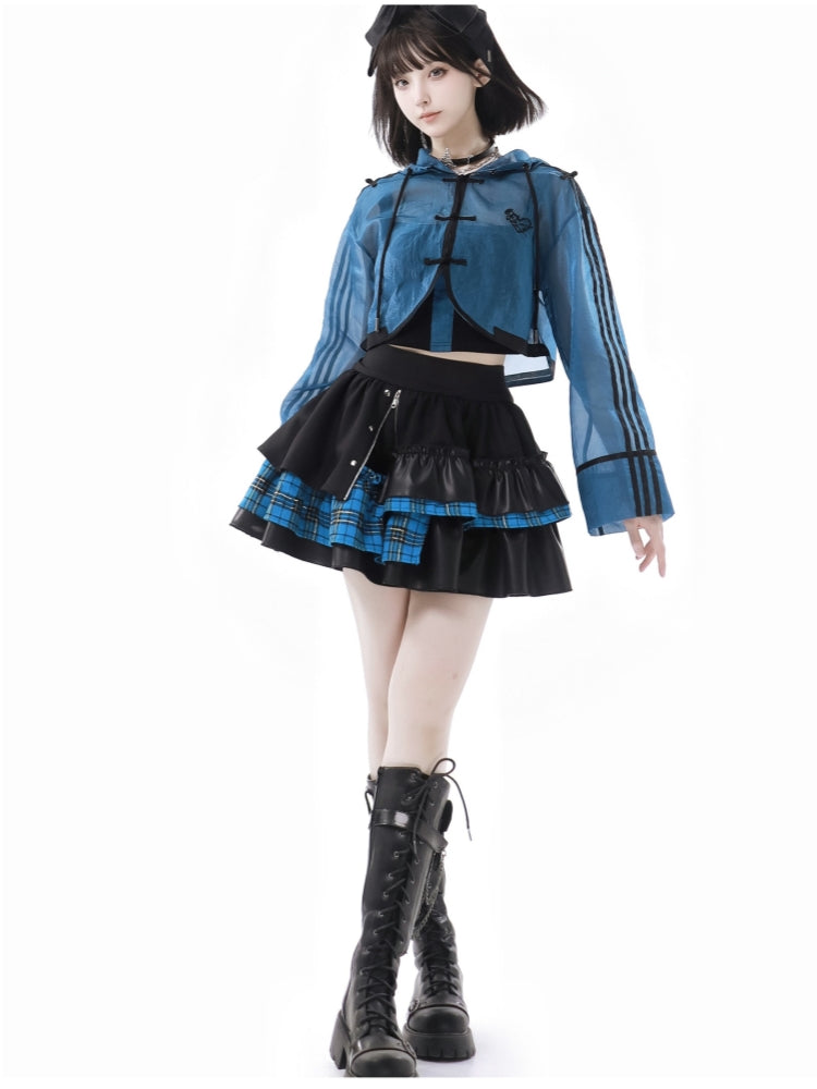 Bold Punk Blue Plaid Tank Top / Jacket / Skirt / Leg Warmer