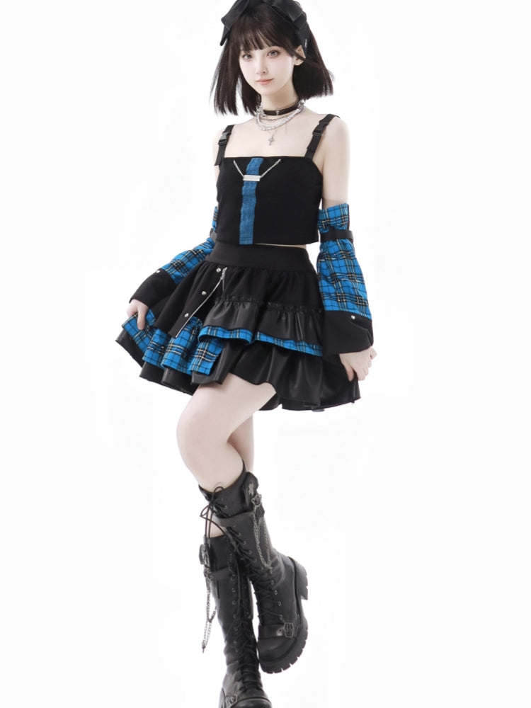 Bold Punk Blue Plaid Tank Top / Jacket / Skirt / Leg Warmer