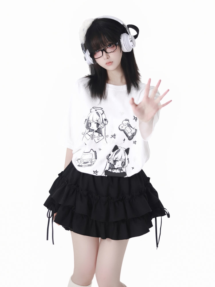 Anime Girl Graphic T-shirt / Ruffle Skirt