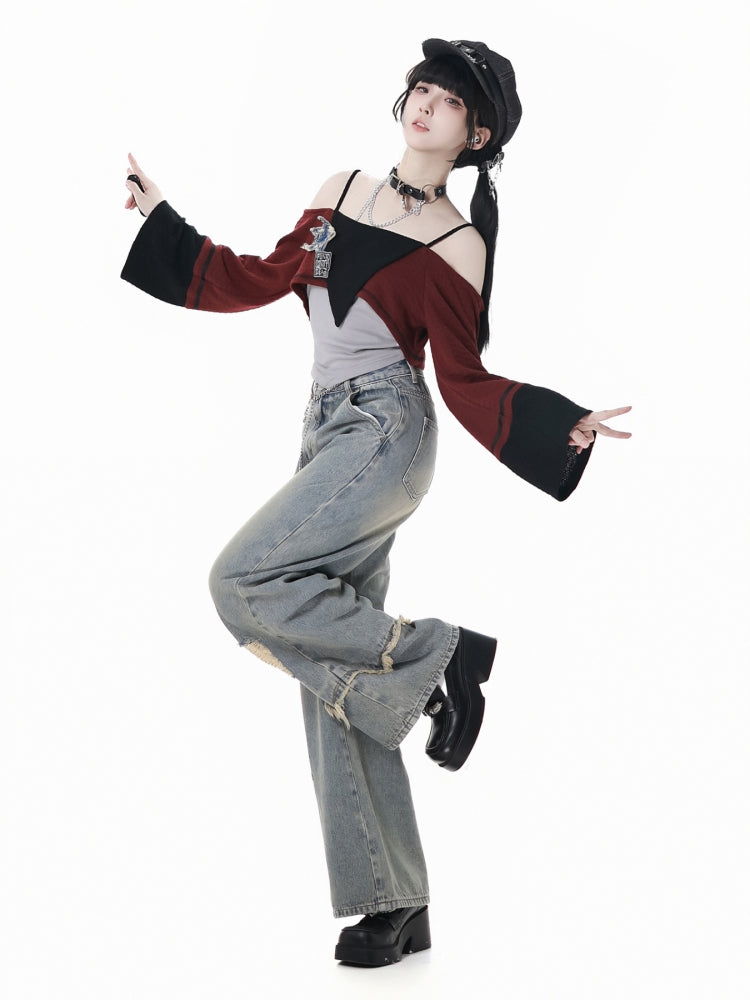 Vintage Washed Wide Leg Jeans with Stars and Ripped Hem