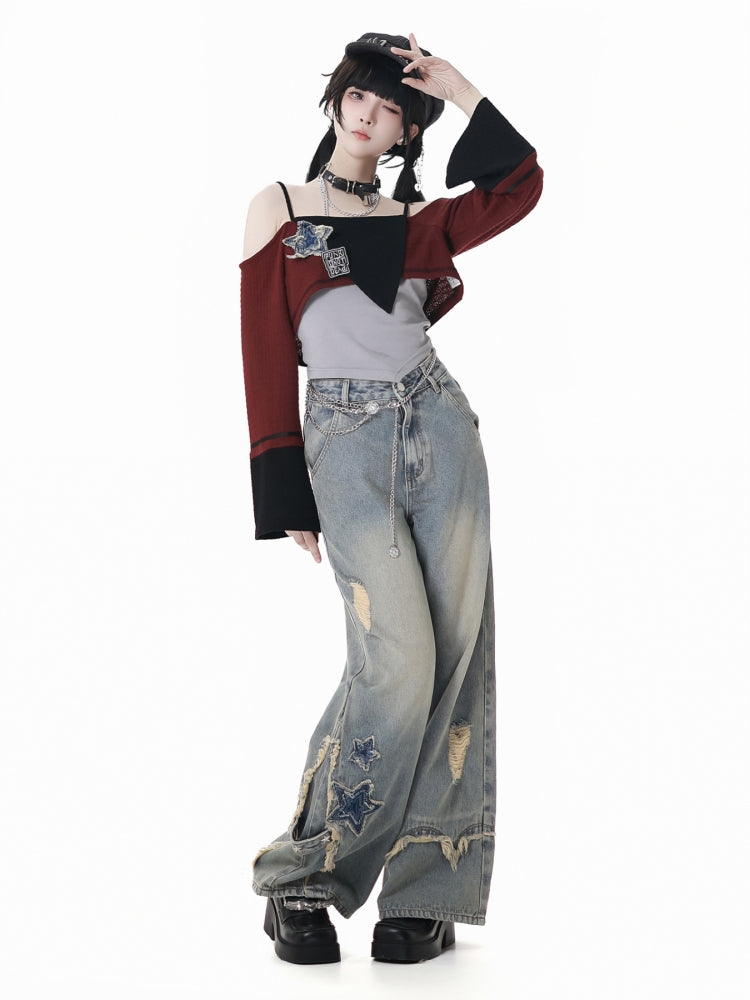 Vintage Washed Wide Leg Jeans with Stars and Ripped Hem