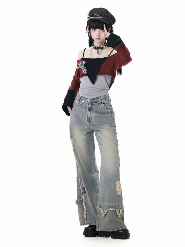 Vintage Washed Wide Leg Jeans with Stars and Ripped Hem