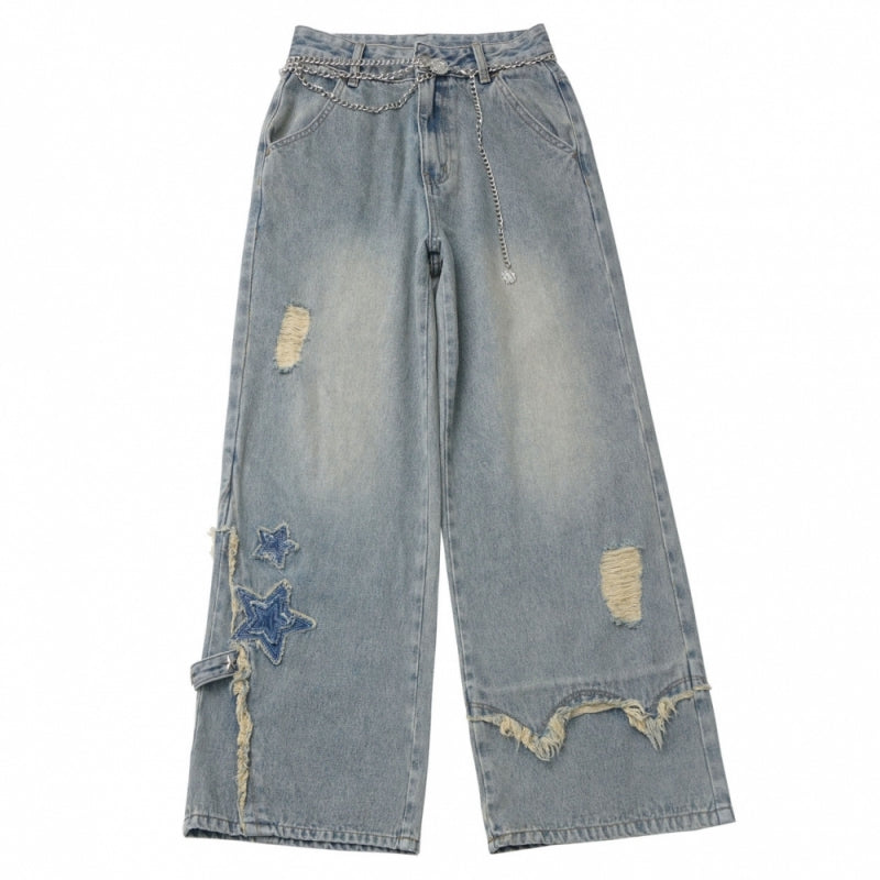 Vintage Washed Wide Leg Jeans with Stars and Ripped Hem