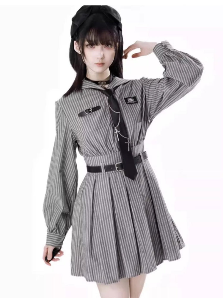 Edgy Striped Shirt / Dress / Black Jacket / Wide Leg Pants