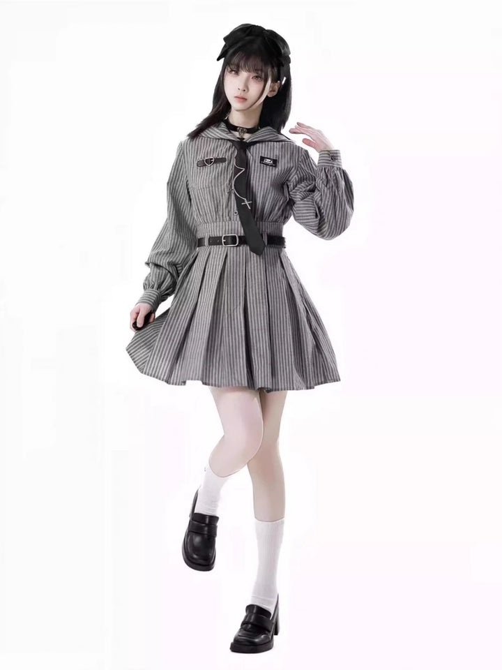 Edgy Striped Shirt / Dress / Black Jacket / Wide Leg Pants