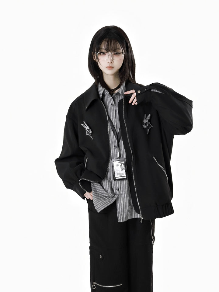 Edgy Striped Shirt / Dress / Black Jacket / Wide Leg Pants