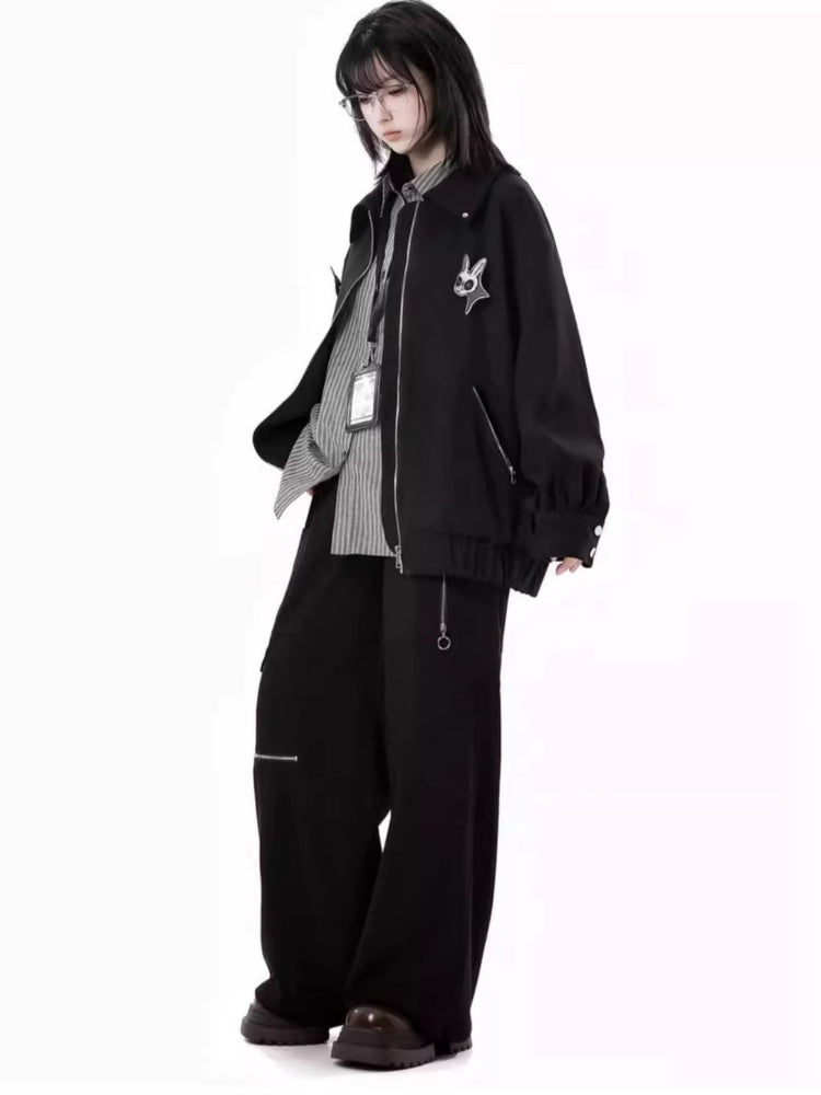 Edgy Striped Shirt / Dress / Black Jacket / Wide Leg Pants