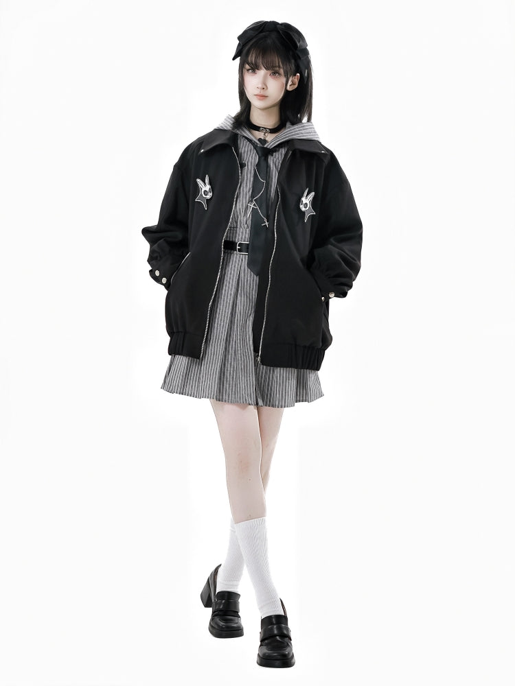 Edgy Striped Shirt / Dress / Black Jacket / Wide Leg Pants