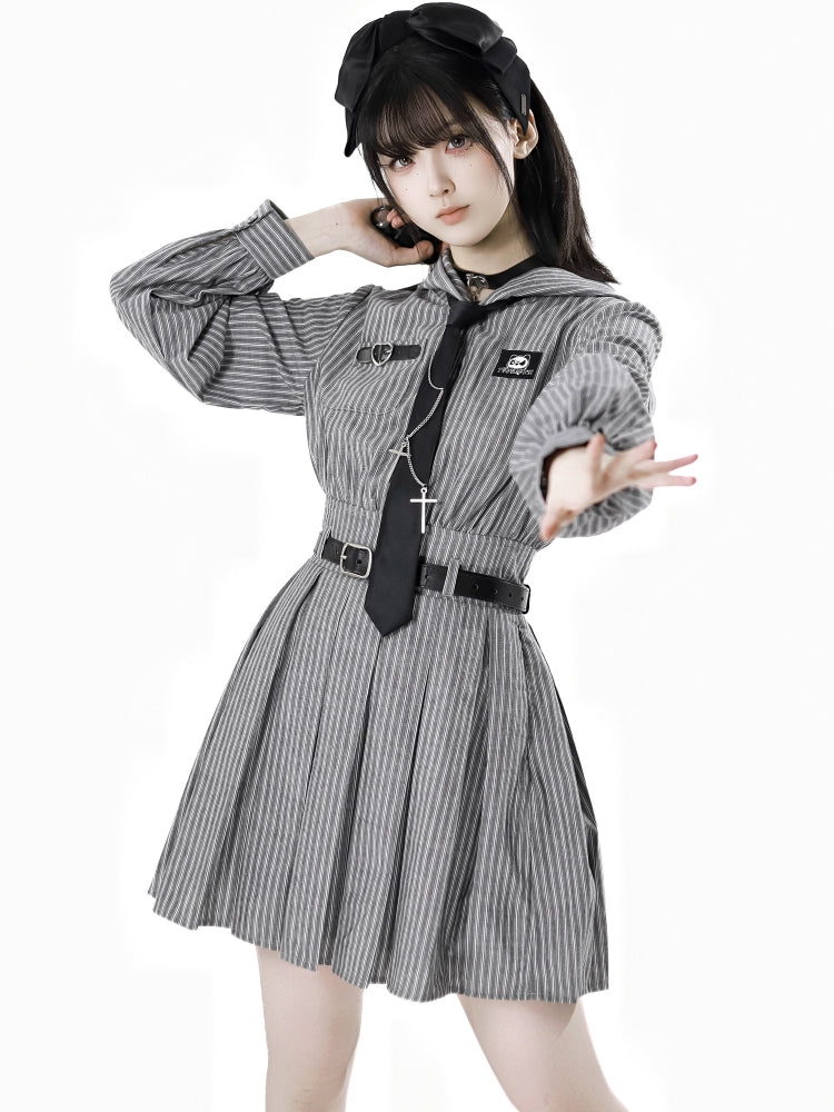 Edgy Striped Shirt / Dress / Black Jacket / Wide Leg Pants