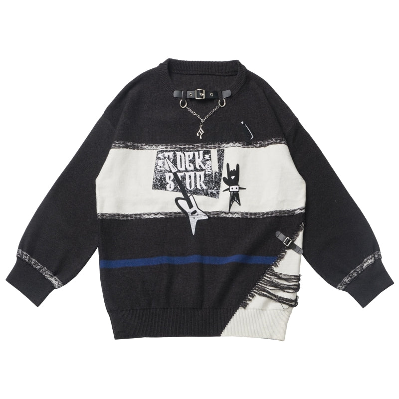 Gothic Punk Cat Print Sweater / Asymmetrical Plaid Skirt