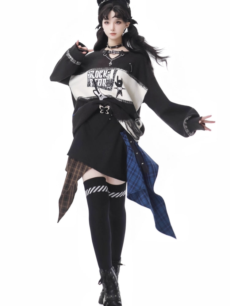 Gothic Punk Cat Print Sweater / Asymmetrical Plaid Skirt