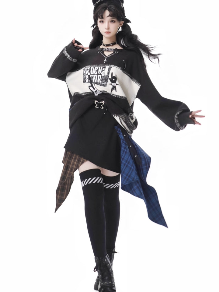 Gothic Punk Cat Print Sweater / Asymmetrical Plaid Skirt