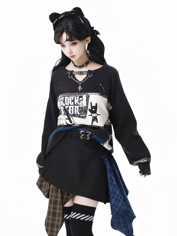Gothic Punk Cat Print Sweater / Asymmetrical Plaid Skirt
