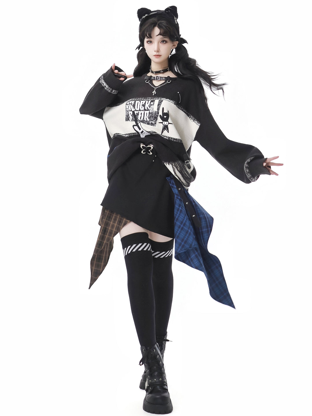 Gothic Punk Cat Print Sweater / Asymmetrical Plaid Skirt