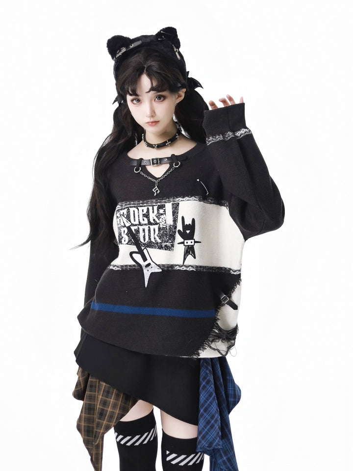 Gothic Punk Cat Print Sweater / Asymmetrical Plaid Skirt