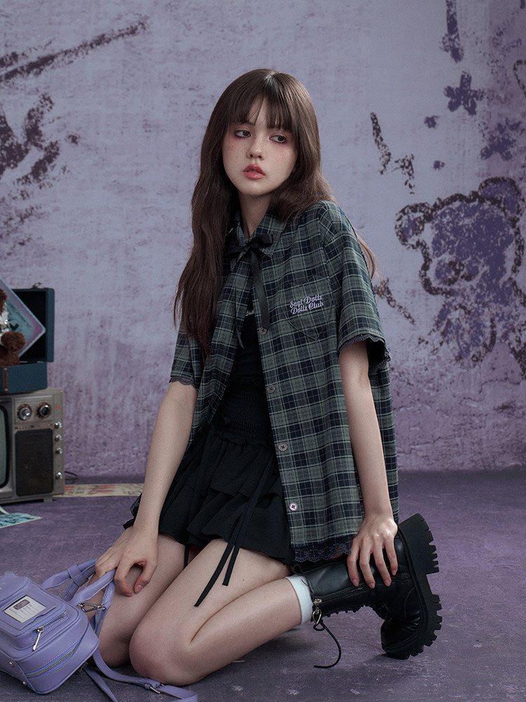 Plaid Bow Tie Oversized Shirt