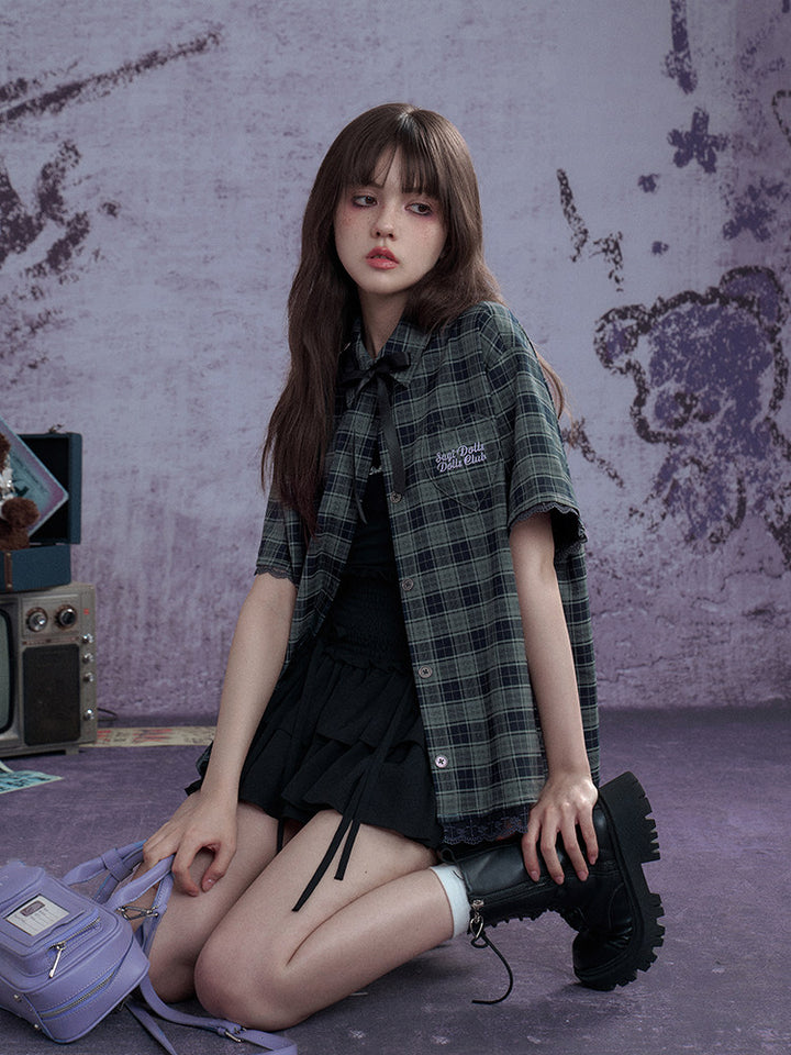 Plaid Bow Tie Oversized Shirt
