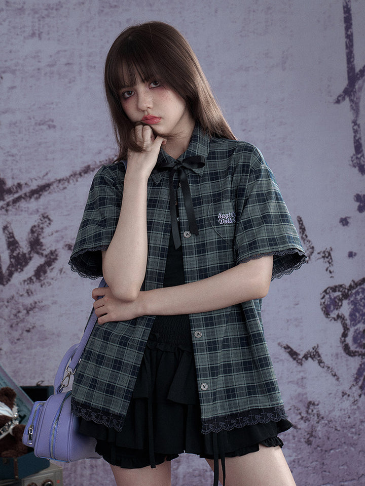 Plaid Bow Tie Oversized Shirt
