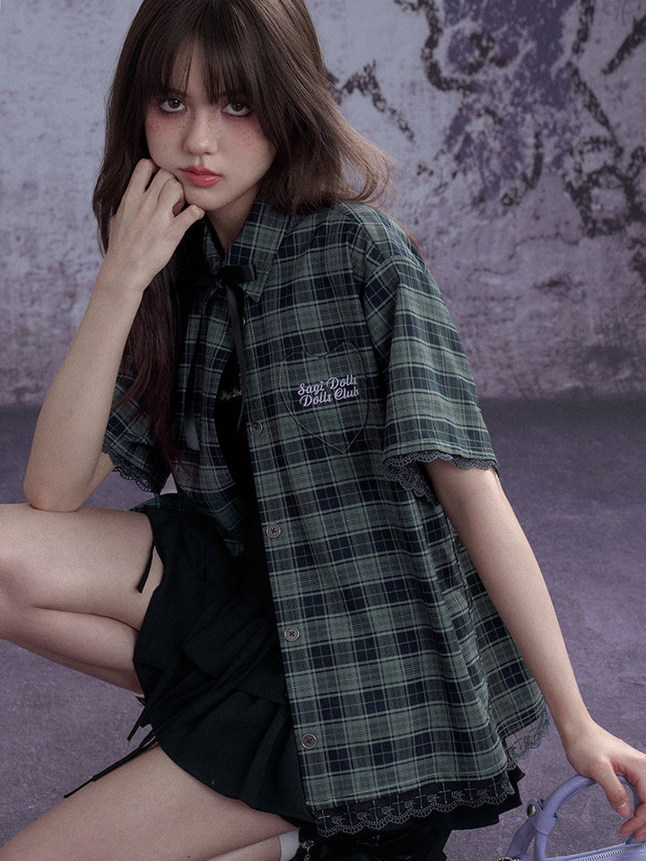 Plaid Bow Tie Oversized Shirt