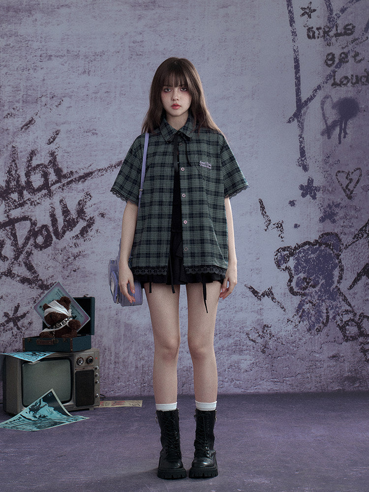 Plaid Bow Tie Oversized Shirt