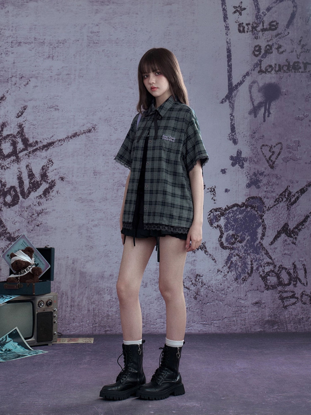 Plaid Bow Tie Oversized Shirt