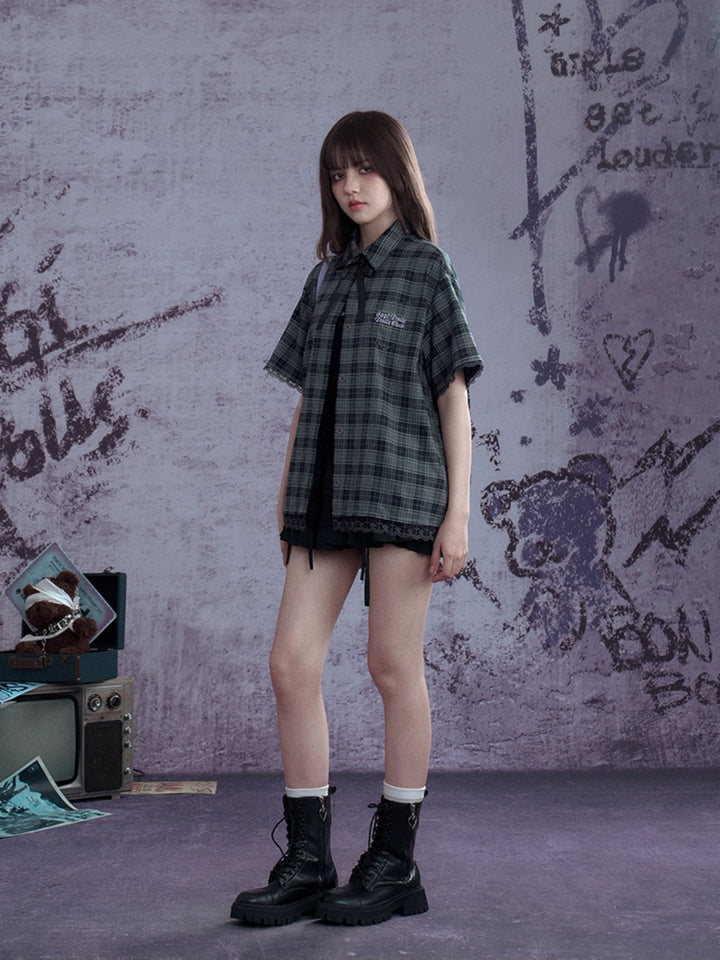 Plaid Bow Tie Oversized Shirt