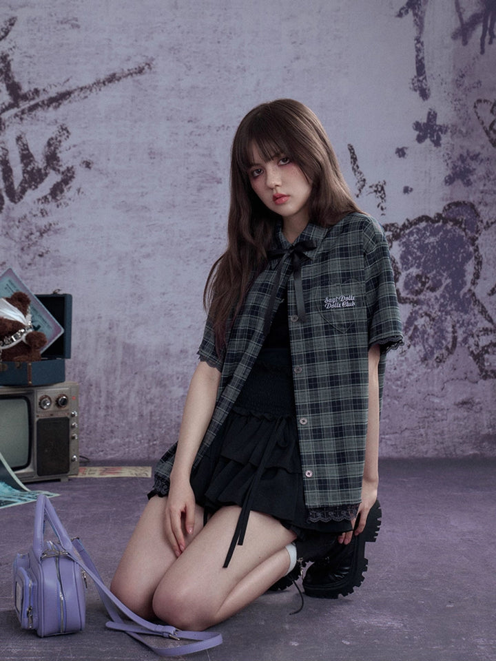 Plaid Bow Tie Oversized Shirt