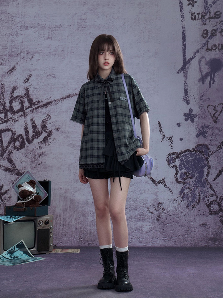 Plaid Bow Tie Oversized Shirt