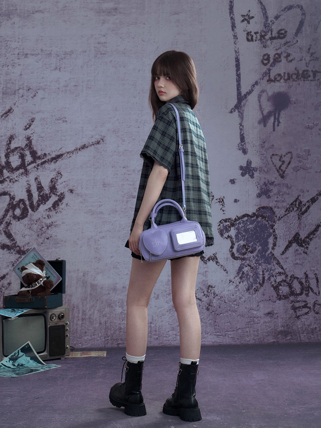 Plaid Bow Tie Oversized Shirt