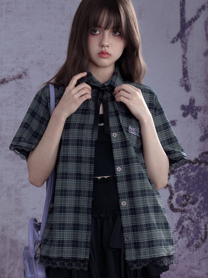 Plaid Bow Tie Oversized Shirt
