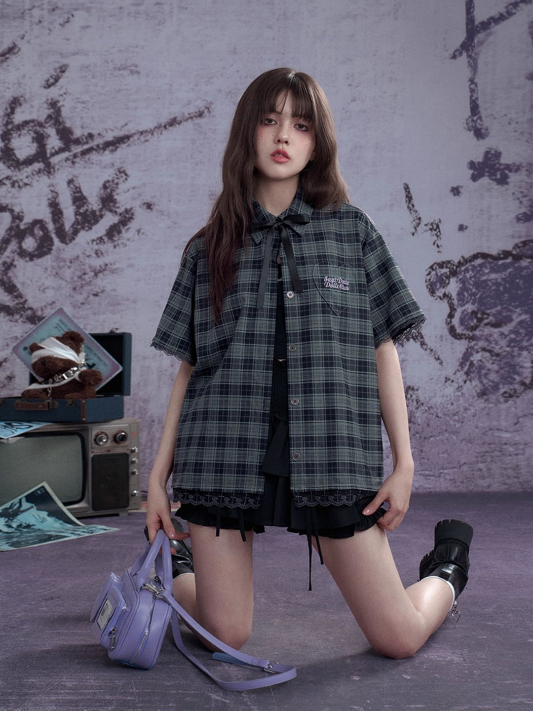 Plaid Bow Tie Oversized Shirt