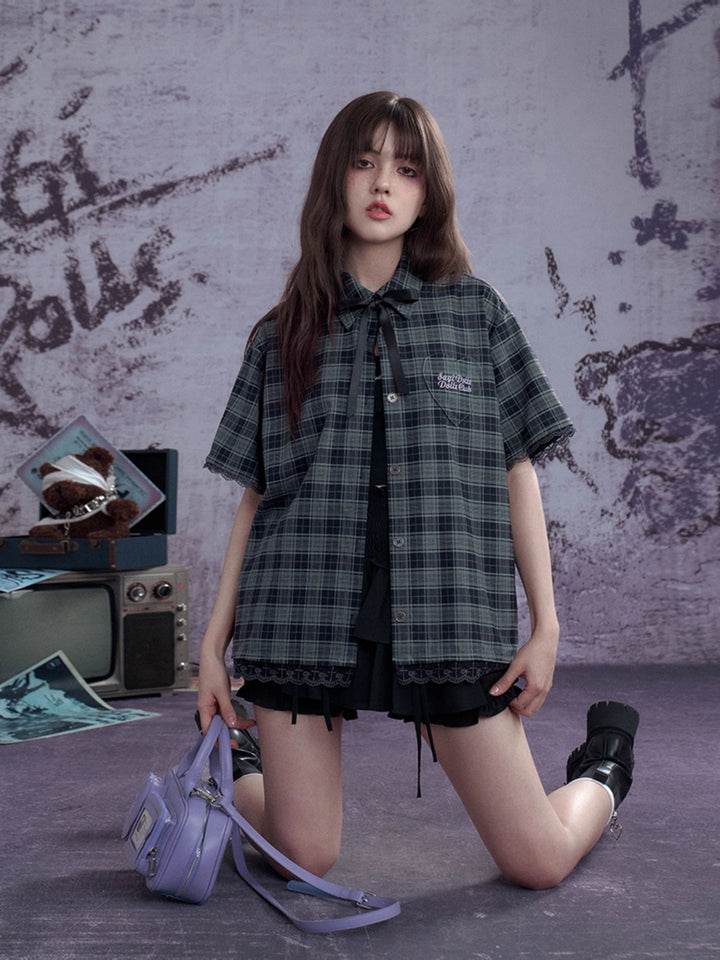 Plaid Bow Tie Oversized Shirt