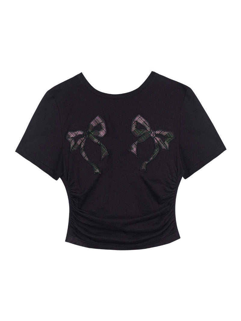 Plaid Bow Ruched Crop T-Shirt