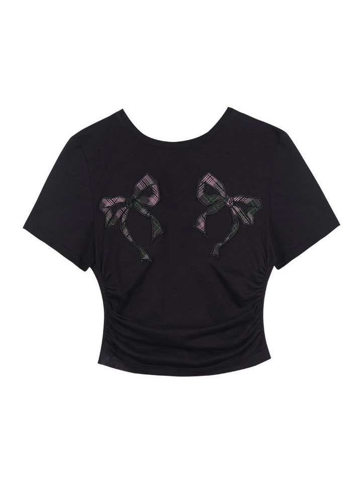 Plaid Bow Ruched Crop T-Shirt