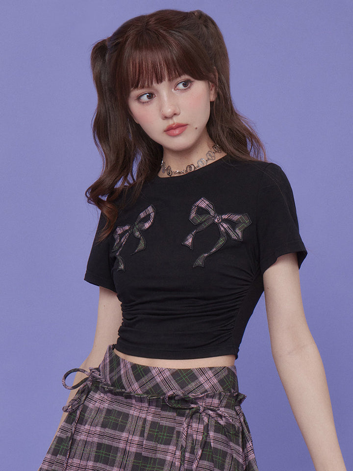Plaid Bow Ruched Crop T-Shirt