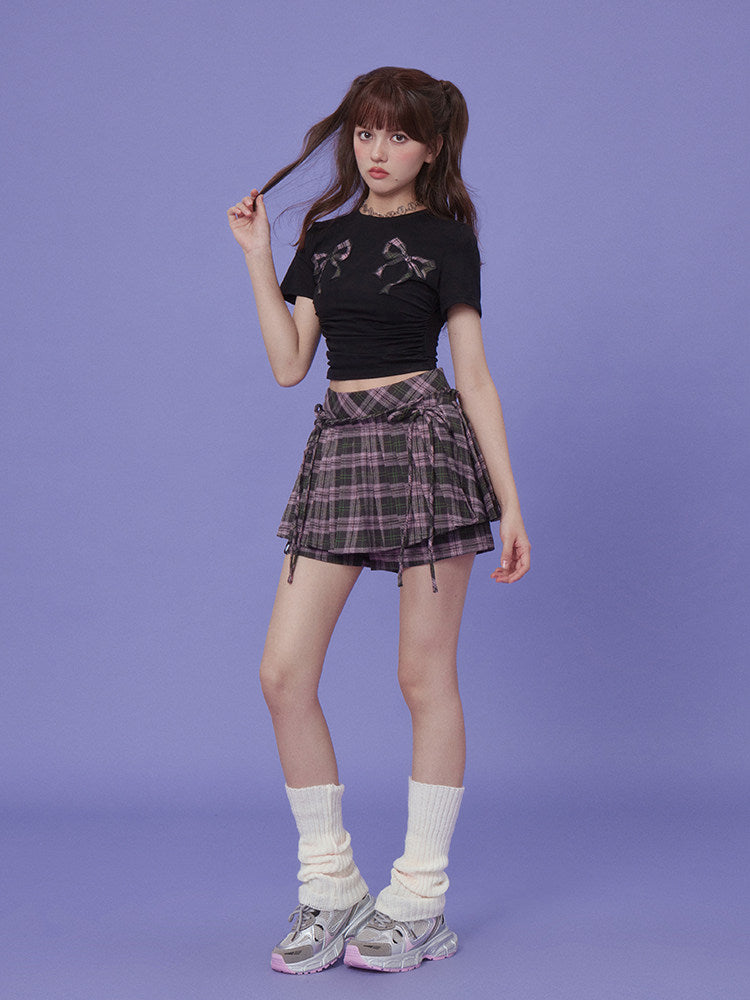 Plaid Bow Ruched Crop T-Shirt