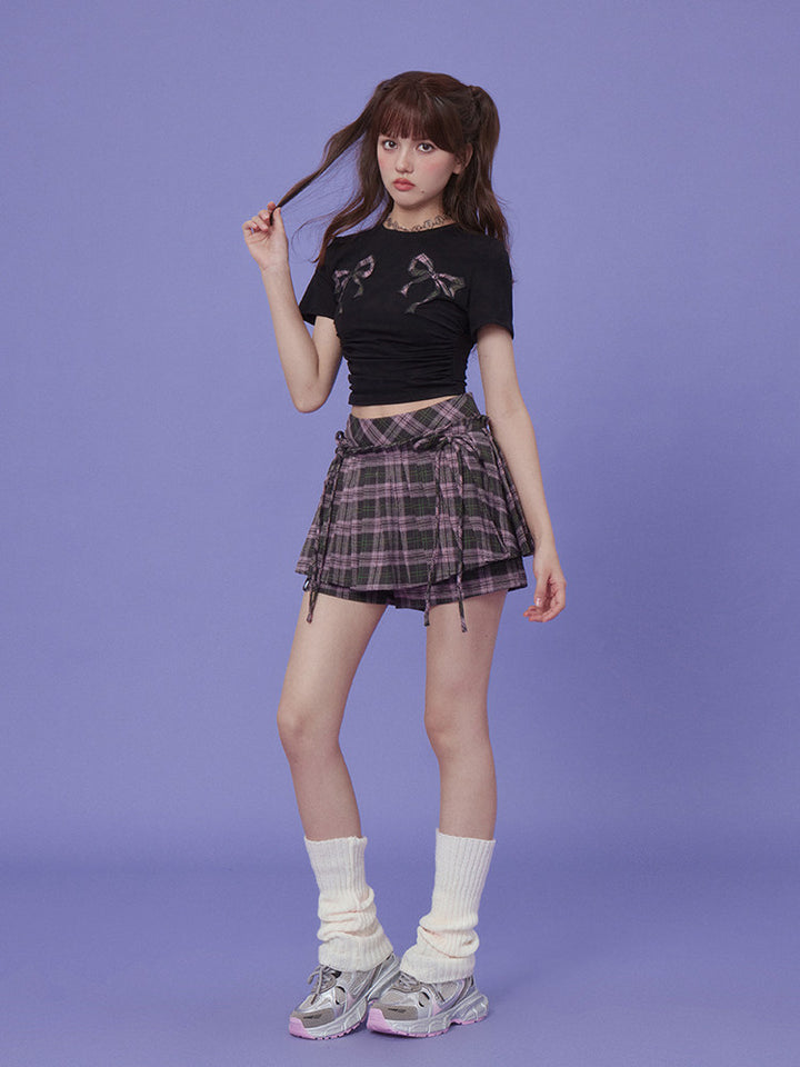Plaid Bow Ruched Crop T-Shirt