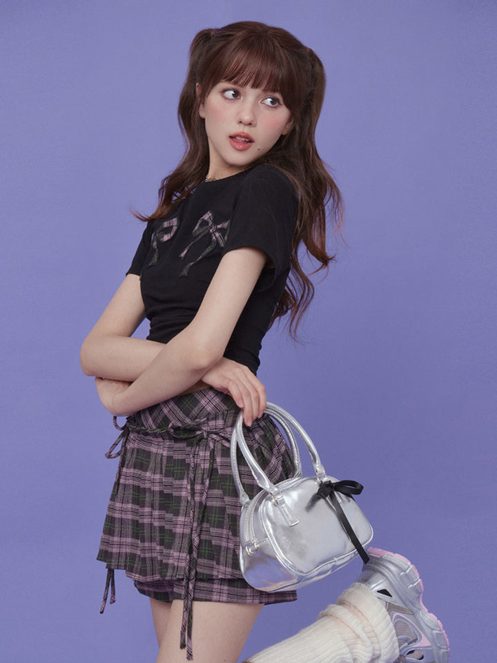 Plaid Bow Ruched Crop T-Shirt