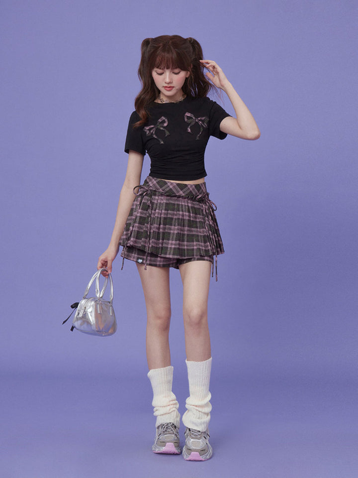 Plaid Bow Ruched Crop T-Shirt