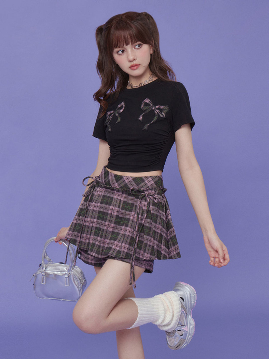 Plaid Bow Ruched Crop T-Shirt