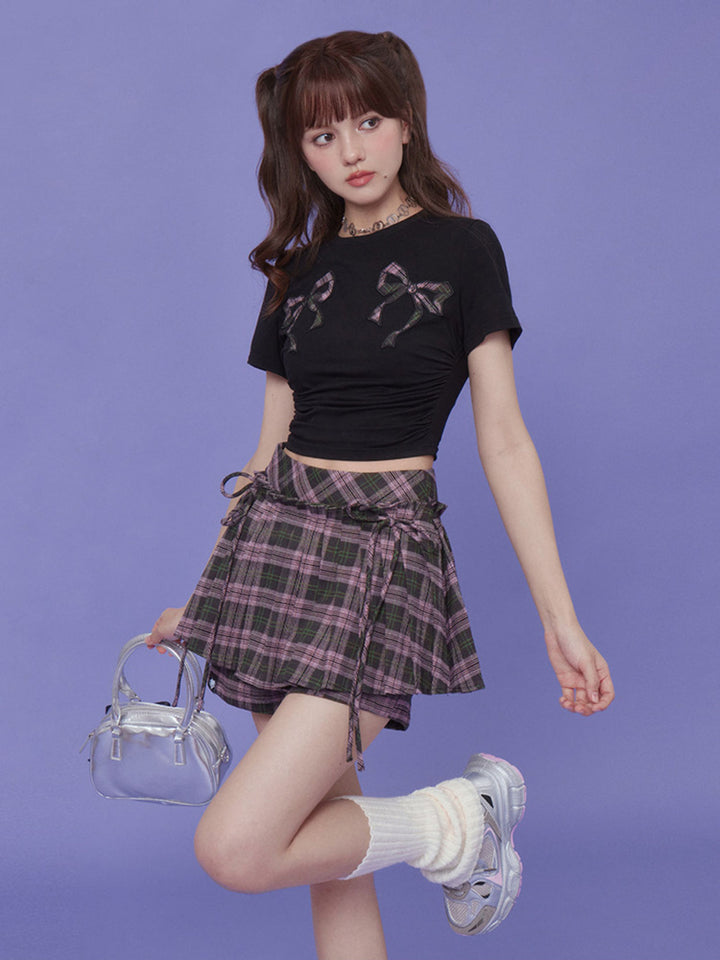 Plaid Bow Ruched Crop T-Shirt