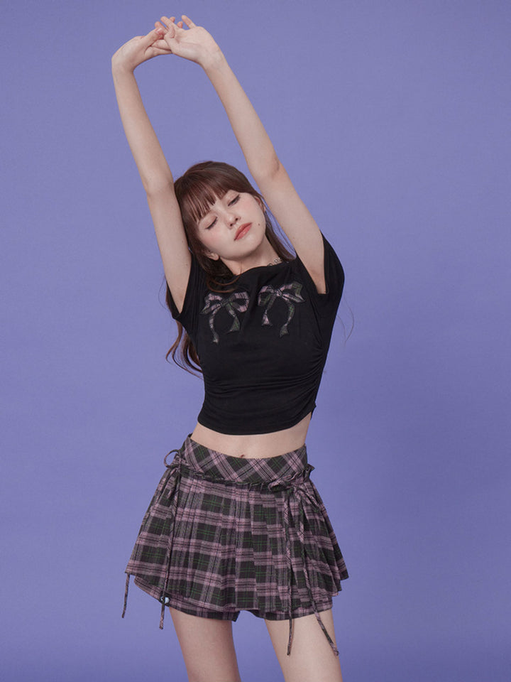 Plaid Bow Ruched Crop T-Shirt