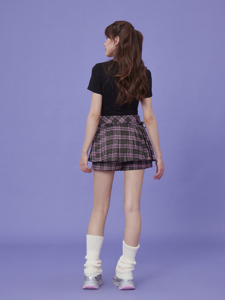 Plaid Bow Ruched Crop T-Shirt