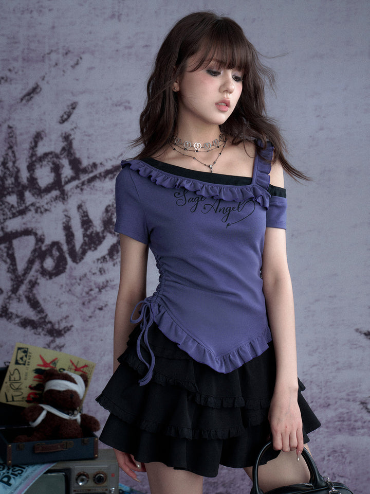 One-Shoulder Ruffle Graphic Top