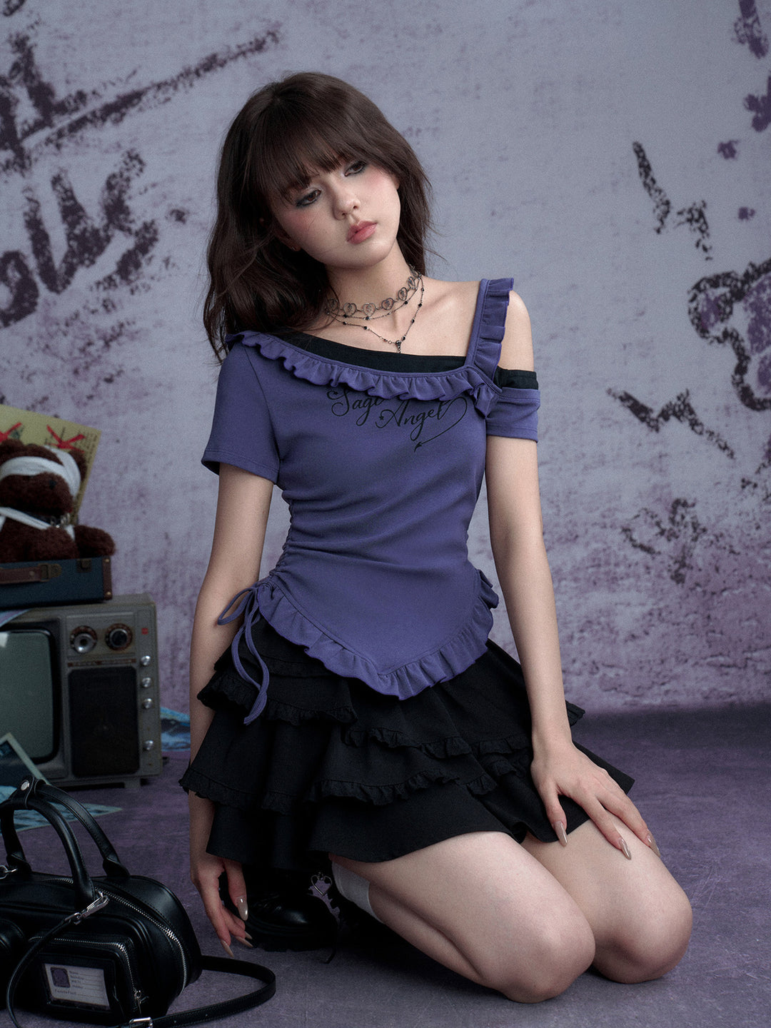 One-Shoulder Ruffle Graphic Top