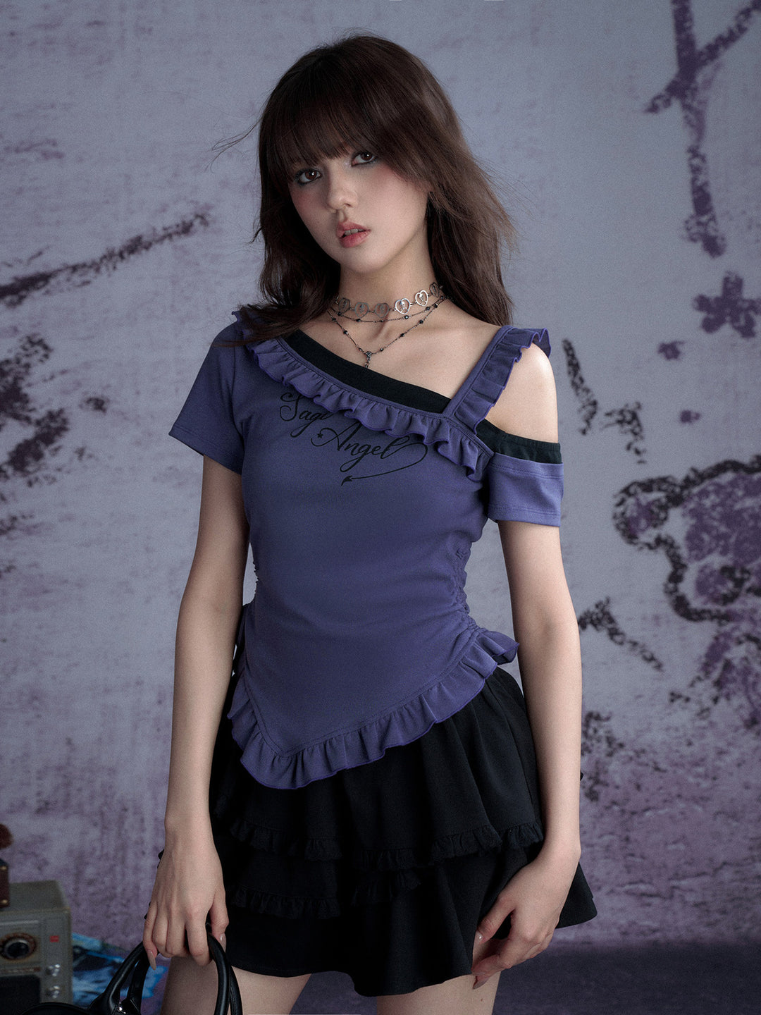 One-Shoulder Ruffle Graphic Top