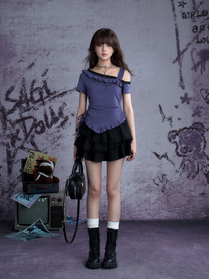One-Shoulder Ruffle Graphic Top