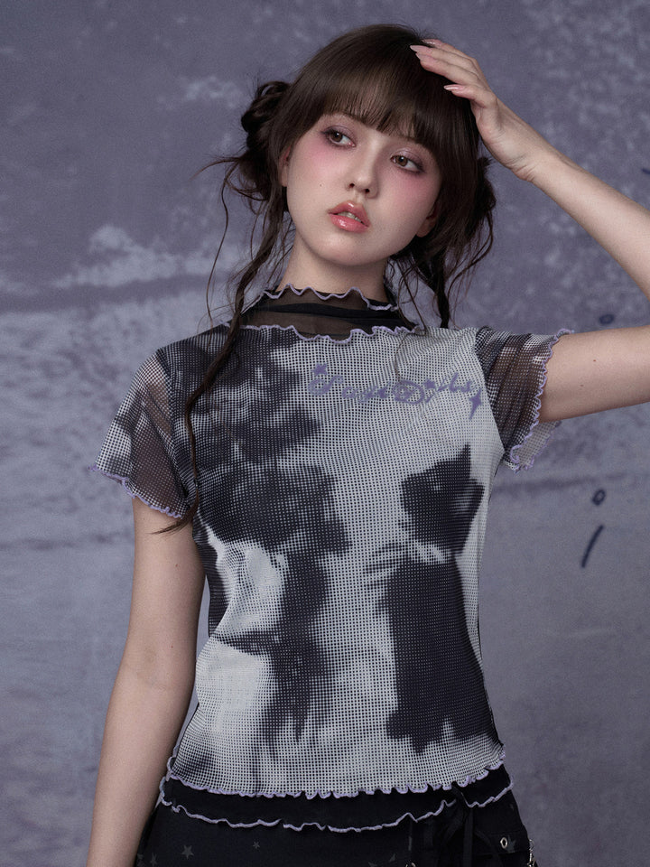 Cat Graphic Layered Mesh T-Shirt